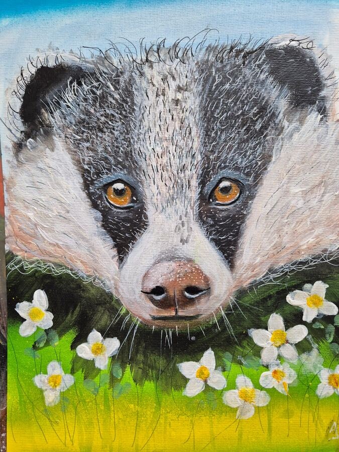 Badger in the Daisies - original mixed-media artwork by Janet Jackson, JJs Art Online