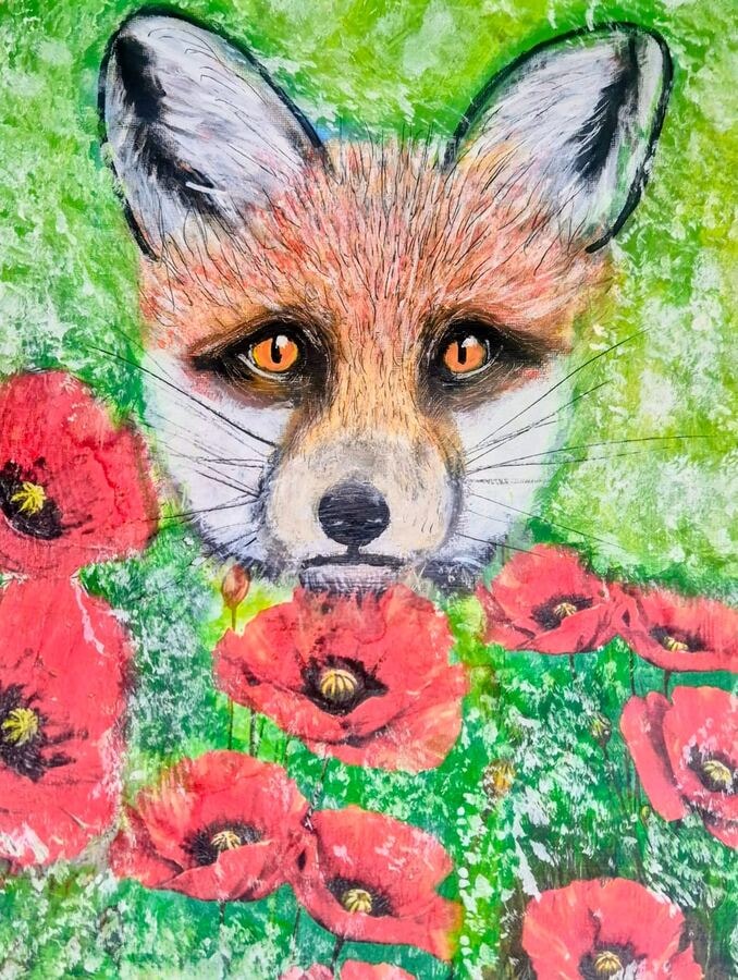 Fox Among the Poppies - original mixed-media artwork by Janet Jackson, JJs Art Online