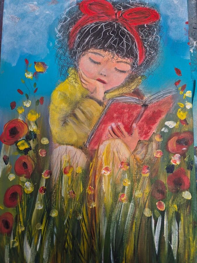 Storytime in the Meadow - original mixed-media artwork by Janet Jackson, JJs Art Online