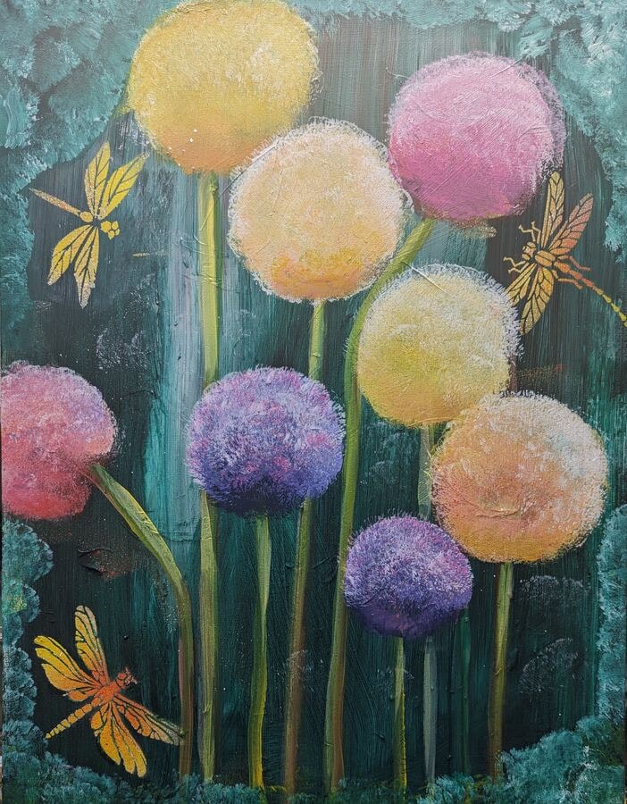 Dragonflies & Alliums - original mixed-media artwork by Janet Jackson, JJs Art Online