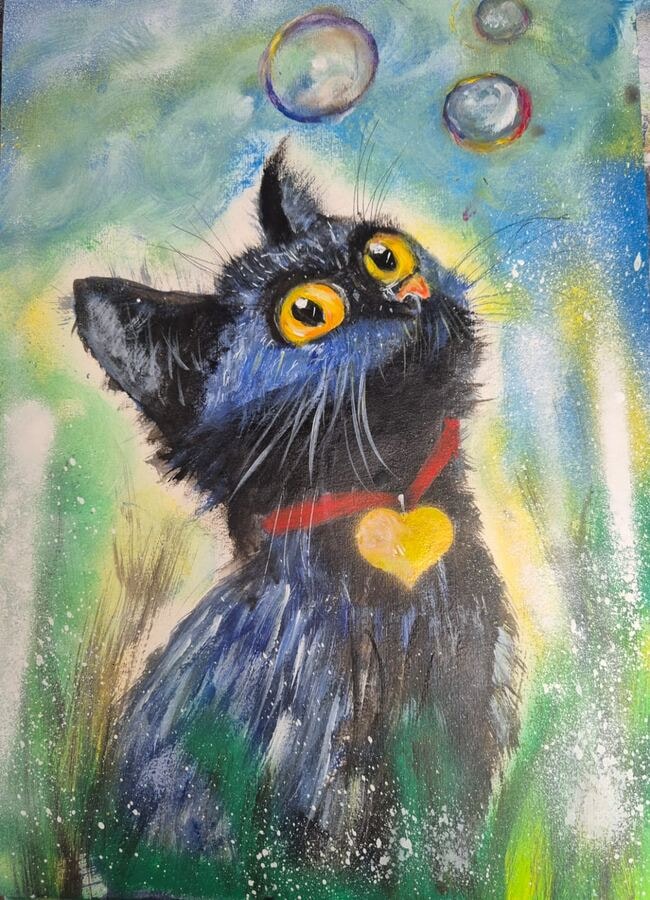 Bubbles & Whiskers - original mixed-media artwork by Janet Jackson, JJs Art Online