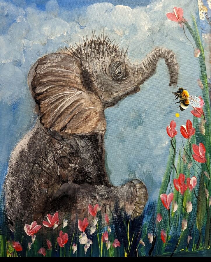 Little Elephant & the Bee - original mixed-media artwork by Janet Jackson, JJs Art Online