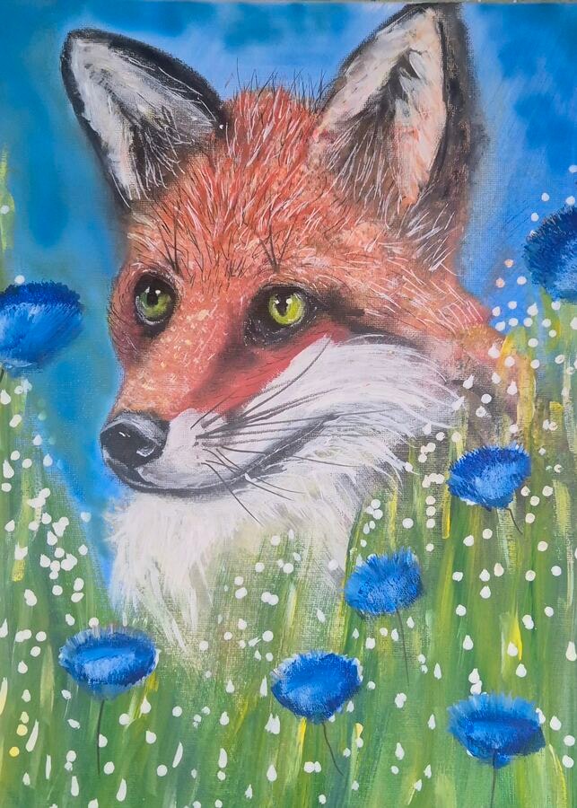 Fox in the Cornflowers - original mixed-media artwork by Janet Jackson, JJs Art Online